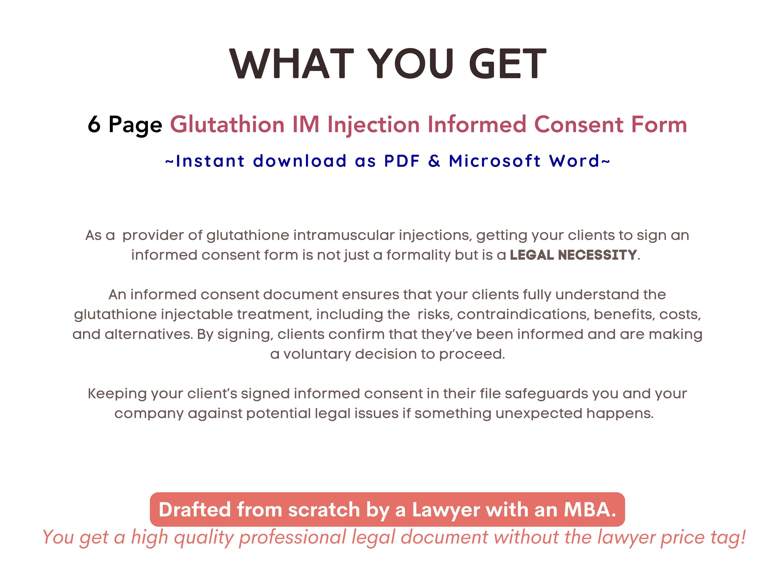 Glutathione Injections Consent Form Glutathione IM Shots Informed Consent  Template Aesthetic Injectables Client Intake Med Spa Consent