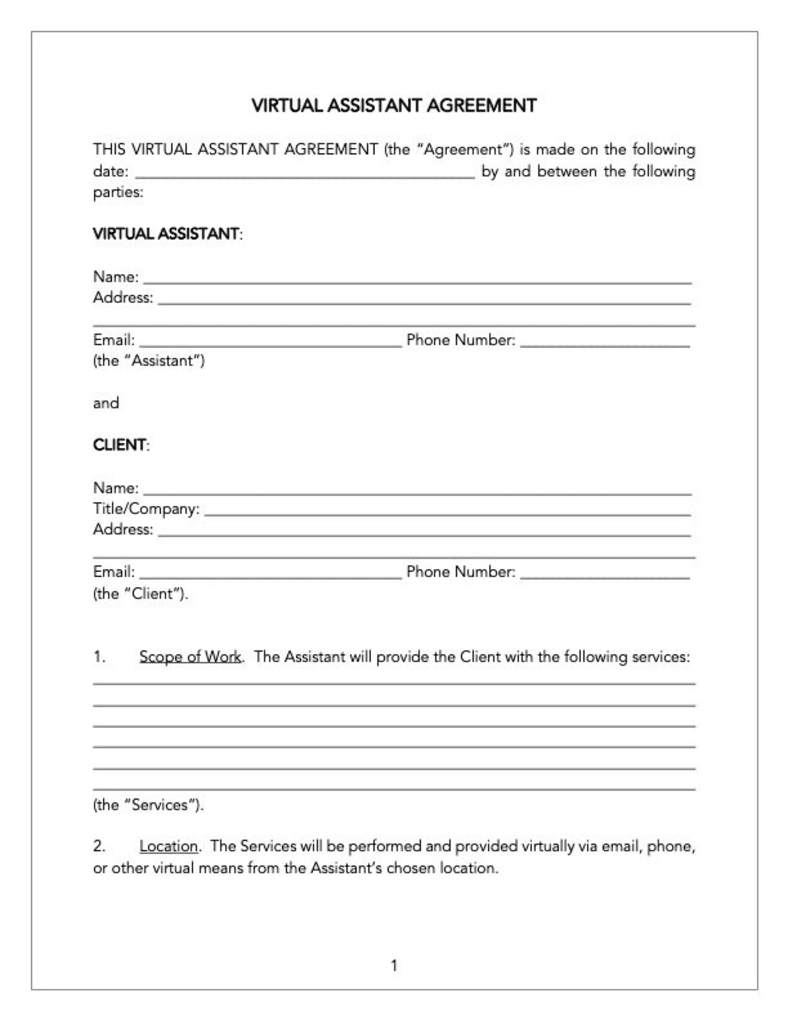 Virtual Assistant Agreement, VA Hiring Contract, Remote Work Agreement ...