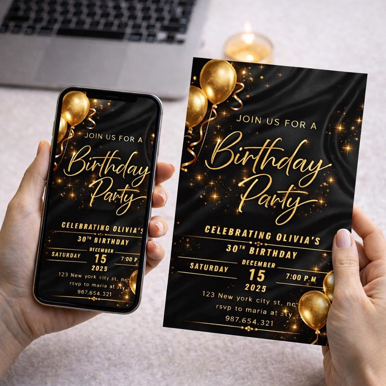 Black and Gold Birthday Invitation Template, Elegant Canva Invite ...