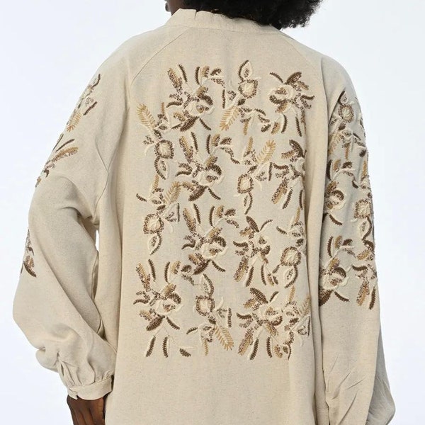 Embroidered Beige Linen Kimono Shirt Jacket