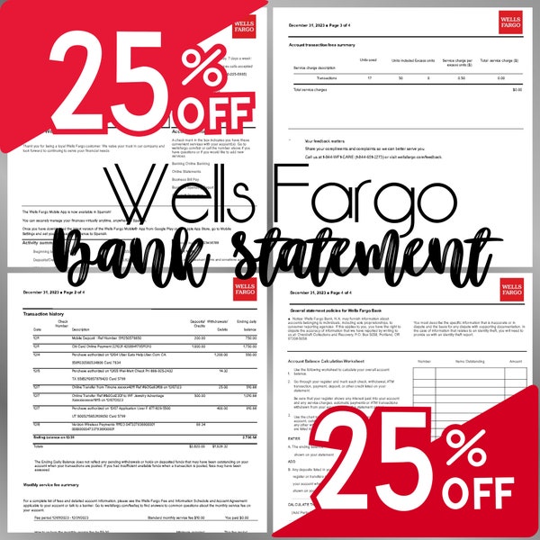 Customizable Fake Bank Statement - Wells Fargo Novelty