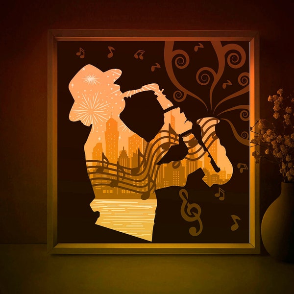 Jazz New York Shadow box SVG Template, Saxaphone Papercut Lightbox cricut SVG, 3D layered Paper cut Light box DXF Papercraft