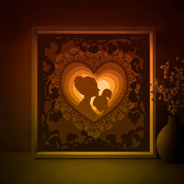 Love Mom Shadow box SVG Template, Mothers Day Papercut Lightbox cricut SVG, 3D layered Paper cut Light box DXF Papercraft
