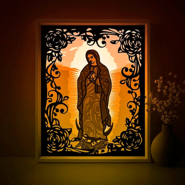 Mary Virgin Shadow box Plantilla SVG, Señora de Guadalupe Papercut Lightbox cricut SVG, Caja de luz cortada en papel en capas 3D DXF Papercraft