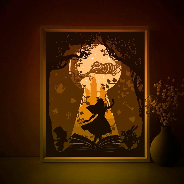 Alice au pays des merveilles conte de fées Shadow box SVG Template, Papercut Lightbox cricut SVG, 3D couches Papier découpé Light box DXF Papercraft