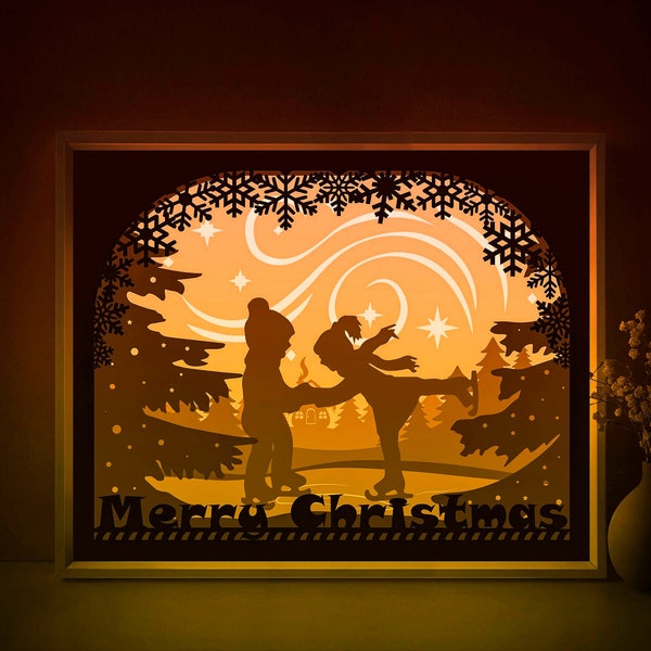 Merry Christmas Shadow box SVG Template, Winter fairytale skating Papercut Lightbox cricut SVG 3D layered Paper cut Light box DXF Papercraft Merry Christmas Shadow box SVG Template, Winter fairytale skating Papercut Lightbox cricut SVG 3D layered Paper cut Light box DXF Papercraft