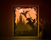 Dragon Knight fairytale Shadow box SVG Template, Fantasy medieval Silhouette Papercut Lightbox cricut SVG, 3D layered Paper cut Light box