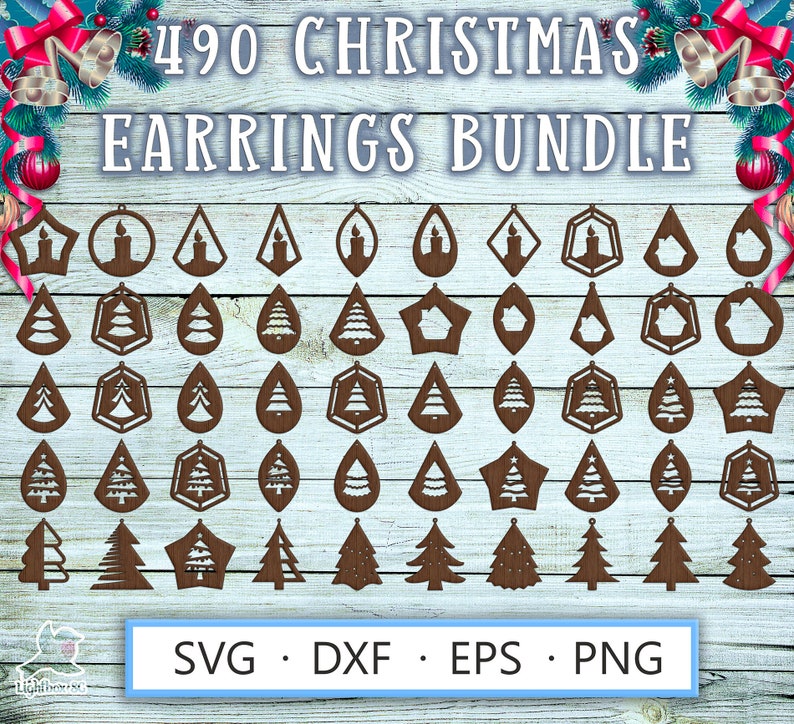 Laser cut earrings template SVG DXF for Cricut, Glowforge, Silhouette – 490 wood craft Christmas bundle with hanging earrings featuring candles, Christmas tree, winter house plywood design files