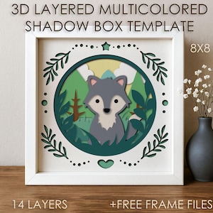 Wald Baby Wolf Schattenbox SVG-Vorlage, farbiger Papierschnitt Baum Schattenbox Cricut DXF, 3D-Schicht Papierschnitt Box Papierkraft Kartondatei