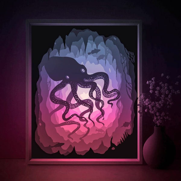 Octopus Shadow box SVG Template, Ocean Bottom Papercut Lightbox cricut SVG, 3D layered silhouette Paper cut Light box DXF Papercraft Octopus Shadow box SVG Template, Ocean Bottom Papercut Lightbox cricut SVG, 3D layered silhouette Paper cut Light box DXF Papercraft