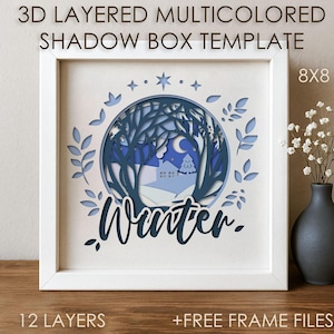 3D kerstschaduw doos SVG-sjabloon, gekleurde winter papercut cricut SVG, 3D gelaagde Merry X-mas papier gesneden kartonnen doos Papercraft Cardstock DXF