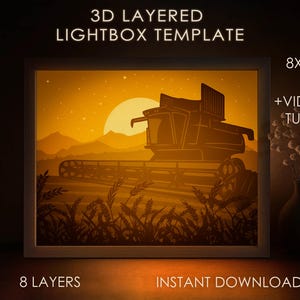 Plantilla SVG de caja de sombra de campo de trigo, caja de luz de corte de papel de cosechadora agrícola, caja de luz de corte de papel en capas 3D DXF Papercraft