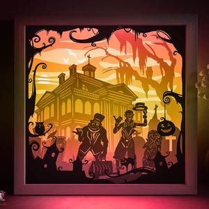 Modello SVG per scatola ombra con fantasmi di Halloween, Lightbox in carta tagliata con casa infestata Cricut SVG, Lightbox in carta tagliata a strati 3D DXF Papercraft