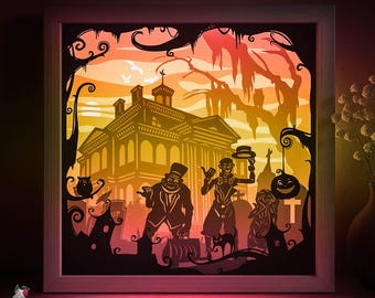 Halloween ghosts Shadow box SVG Template, Haunted House Papercut Lightbox cricut SVG, 3D layered Paper cut Light box DXF Papercraft