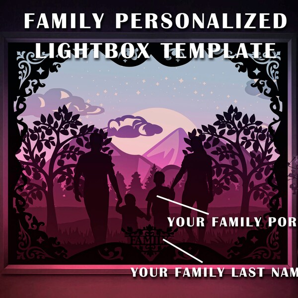 Personalized Family Portrait Shadow box SVG Template, Last Name sign Papercut Lightbox cricut SVG, 3D layered Paper cut Light box Papercraft