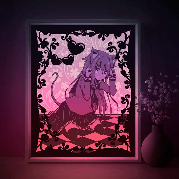 Anime Schoolgirl Shadow box SVG Template, Neko girl Papercut Lightbox cricut SVG, 3D layered Paper cut Light box DXF Papercraft