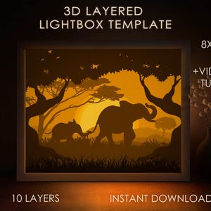 Szablon Elephant Safari Shadow box SVG, African Papercut Lightbox cricut SVG, 3D warstwowy Papercut Lightbox DXF Papercraft