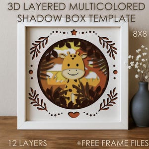 Afrikaanse Giraffe Baby Shadow box SVG-sjabloon, gekleurde Papercut Shadow box cricut SVG, 3D gelaagde papier gesneden kartonnen doos Papercraft Cardstock DXF