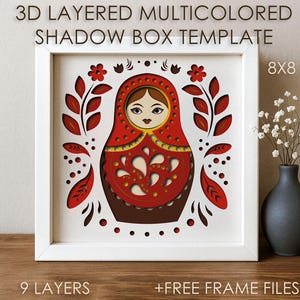 Plantilla SVG de caja de sombra de muñeca Matryoshka, caja de sombra de papel recortada con adorno eslavo de colores, caja de tarjeta con patrón de papel recortado en capas 3D DXF