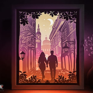 Modello SVG per scatola ombra vecchia Europa, Lightbox di carta ritagliata per coppia d'amore Cricut SVG, Lightbox di carta ritagliata con architettura a strati 3D DXF Papercraft