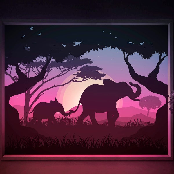 Modèle SVG éléphant Safari Shadow box, africain Papercut Lightbox cricut SVG, 3D en couches papier découpé Lightbox DXF Papercraft