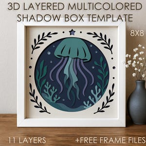 Plantilla SVG de caja de sombra de Medusa en capas 3D, caja de sombra de papel recortado de color mar azul Cricut SVG, caja de cartón recortada en papel con patrón de animal lindo DXF