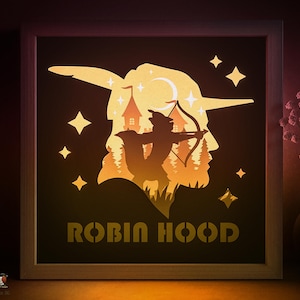 Modèle SVG de boîte d'ombre de conte de fées de Robin des bois, Silhouette Papercut Lightbox cricut SVG, 3D en couches papier découpé Lightbox DXF Papercraft