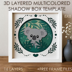 Forest Baby Koala Shadow box SVG-sjabloon, gekleurde Papercut Leaves Shadow box cricut DXF, 3D gelaagde papiersnijdoos Papercraft Cardstock-bestand