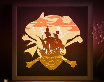 Pirate Ship Boat Shadow box SVG Template, Pirate skull Papercut Lightbox cricut SVG, 3D layered Sea storm Paper cut Light box DXF Papercraft