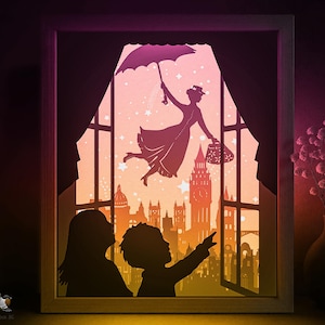 Mary Poppins Shadow box modèle SVG, conte de fées anglais Papercut Lightbox cricut SVG, 3D en couches papier découpé Lightbox DXF Papercraft
