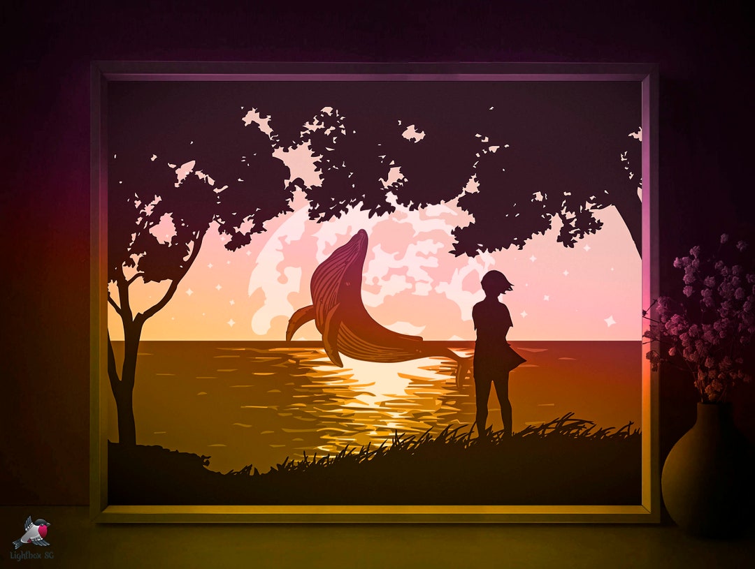 Whale Shadow Flying Whale Fantasy Shadow Box SVG Template, Anime Ocean Papercut ...