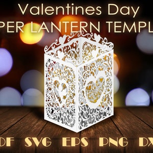 Modelos de lanternas de papel para o Dia dos Namorados, lanternas de papel com corte de coração e cupido, artesanato em papel, modelos de velas decorativas, Cricut, Svg, EPS, DXF, arte