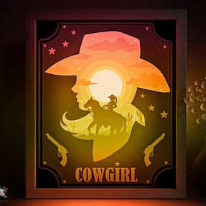 Plantilla SVG de caja de sombra de vaquera, caja de luz de corte de papel del salvaje oeste, caja de luz de corte de papel de naturaleza de Texas en capas 3D, DXF de caja de luz de corte de papel