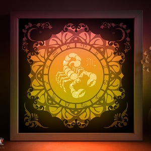 Modello SVG per scatola ombra zodiacale Scorpione, Lightbox in carta tagliata con segni zodiacali Cricut SVG, Lightbox in carta tagliata a strati 3D DXF Papercraft