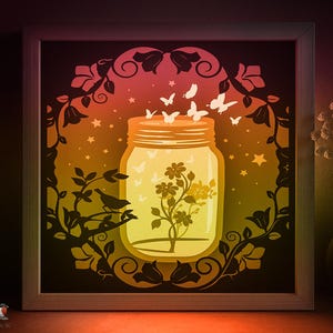 Blumenglas Schattenbox SVG-Vorlage, Märchen Schmetterlinge Papierschnitt Lightbox Cricut SVG, 3D-Schichtung Papierschnitt Lightbox DXF Papercraft