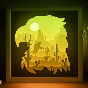 Wild West Shadow box SVG Template, Eagle Cowboy Papercut Lightbox cricut SVG, Western Canyon 3D layered Paper cut desert Light box DXF