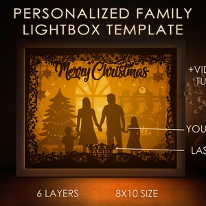 Gepersonaliseerde familieportret Shadow Box SVG-sjabloon, Merry Christmas Papercut Lightbox cricut SVG, 3D gelaagde Nieuwjaar Papercut Lightbox
