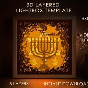 Happy Chanuka Shadow box SVG Szablon, Judaizm Menorah Papercut Lightbox Cricut SVG 3D warstwowa gwiazda Dawida Papercut Lightbox Papercraft