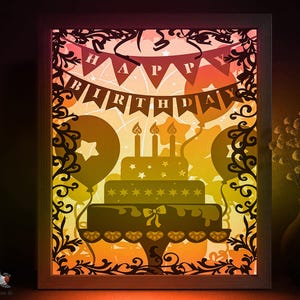 Happy Birthday Schattenbox SVG-Vorlage, Party Kuchen Silhouette Papierschnitt Lightbox Cricut SVG, 3D-Schichtung Papierschnitt Lightbox DXF Papercraft