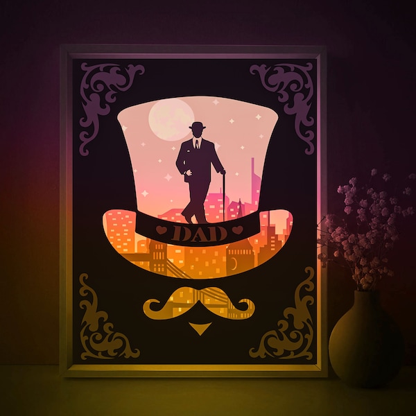 Fathers Day Shadow box SVG Template, Gentleman Papercut Lightbox cricut SVG, 3D layered Card for Dad Paper cut Light box DXF Papercraft
