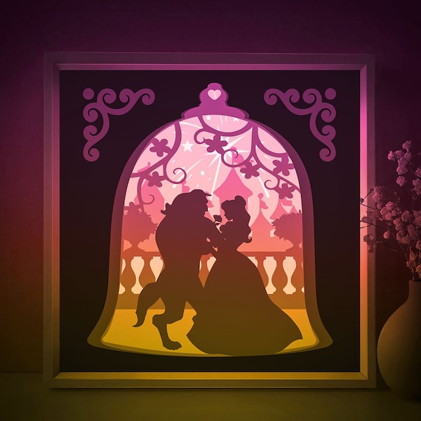 Beauty and the Beast Shadow box SVG Template, Love Fairytale Papercut Lightbox cricut SVG, 3D layered Paper cut Light box DXF Papercraft