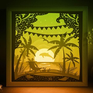 Tropisches Meer Strand Schattenbox SVG-Vorlage, Palmen Papierschnitt Lightbox Cricut SVG, 3D-Schichtung Papierschnitt Lightbox DXF Papercraft