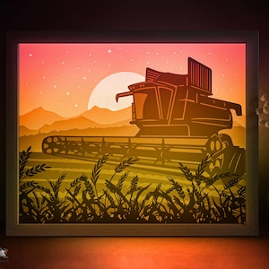 Wheat Field Shadow box SVG Template, Farm Combine Papercut Lightbox cricut SVG, 3D layered Paper cut Light box DXF Papercraft