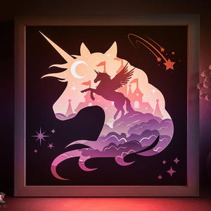 Modello SVG per scatola delle ombre unicorno, Lightbox in carta ritagliata Pegaso da favola Cricut SVG, Lightbox in carta ritagliata a strati 3D DXF Papercraft