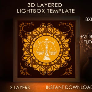 Sternzeichen Waage Schattenbox SVG-Vorlage, astrologische Zeichen Papierschnitt Lightbox Cricut SVG, 3D-Schichtung Papierschnitt Lightbox DXF Papercraft