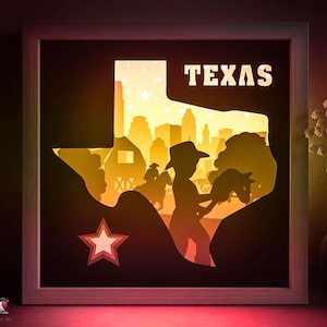 Szablon Texas Shadow box SVG, State Map Papercut Lightbox Cricut SVG, 3D warstwowy Cowboy Village Papercut Lightbox Big City DXF Papercraft