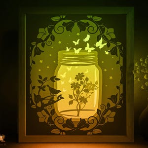 Modello SVG per scatola ombra vaso di fiori, Lightbox Papercut farfalle da favola Cricut SVG, Lightbox Papercut a strati 3D DXF Papercraft