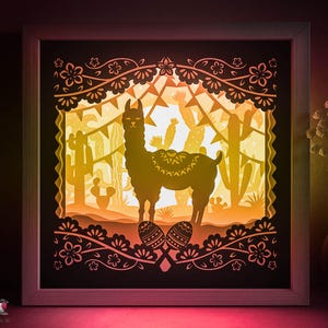 Modèle SVG de boîte d'ombre de lama mexicain, pas de drame Lama Papercut Lightbox cricut SVG, papier du désert découpé en couches 3D DXF Papercraft