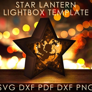 Modelo SVG de caixa de sombra de lanterna de estrela de cupido, caixa de luz de corte de papel de anjo de amor SVG, caixa de luz de corte de papel de coração em camadas 3D DXF Papercraft