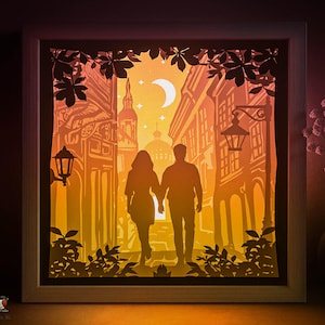 Plantilla SVG de caja de sombra de la vieja Europa, caja de luz de corte de papel de pareja de enamorados, caja de luz de corte de papel de arquitectura en capas 3D DXF Papercraft